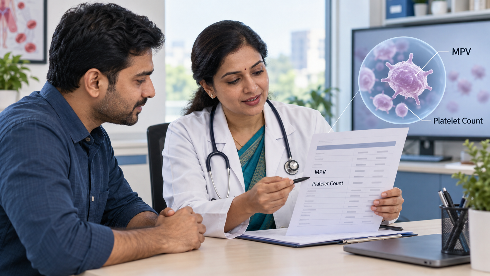 Doctor and patient reviewing MPV and platelet count on a complete CBC report