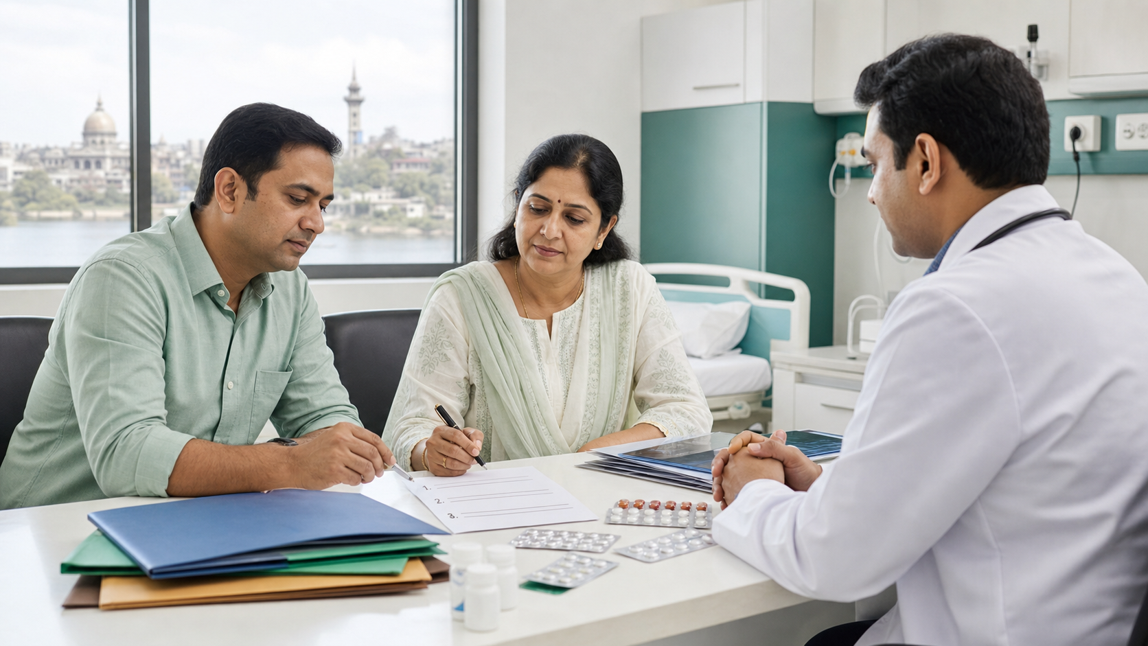 Patient and family caregiver organizing a priority list, medicines, and reports before a doctor appointment for multiple health problems