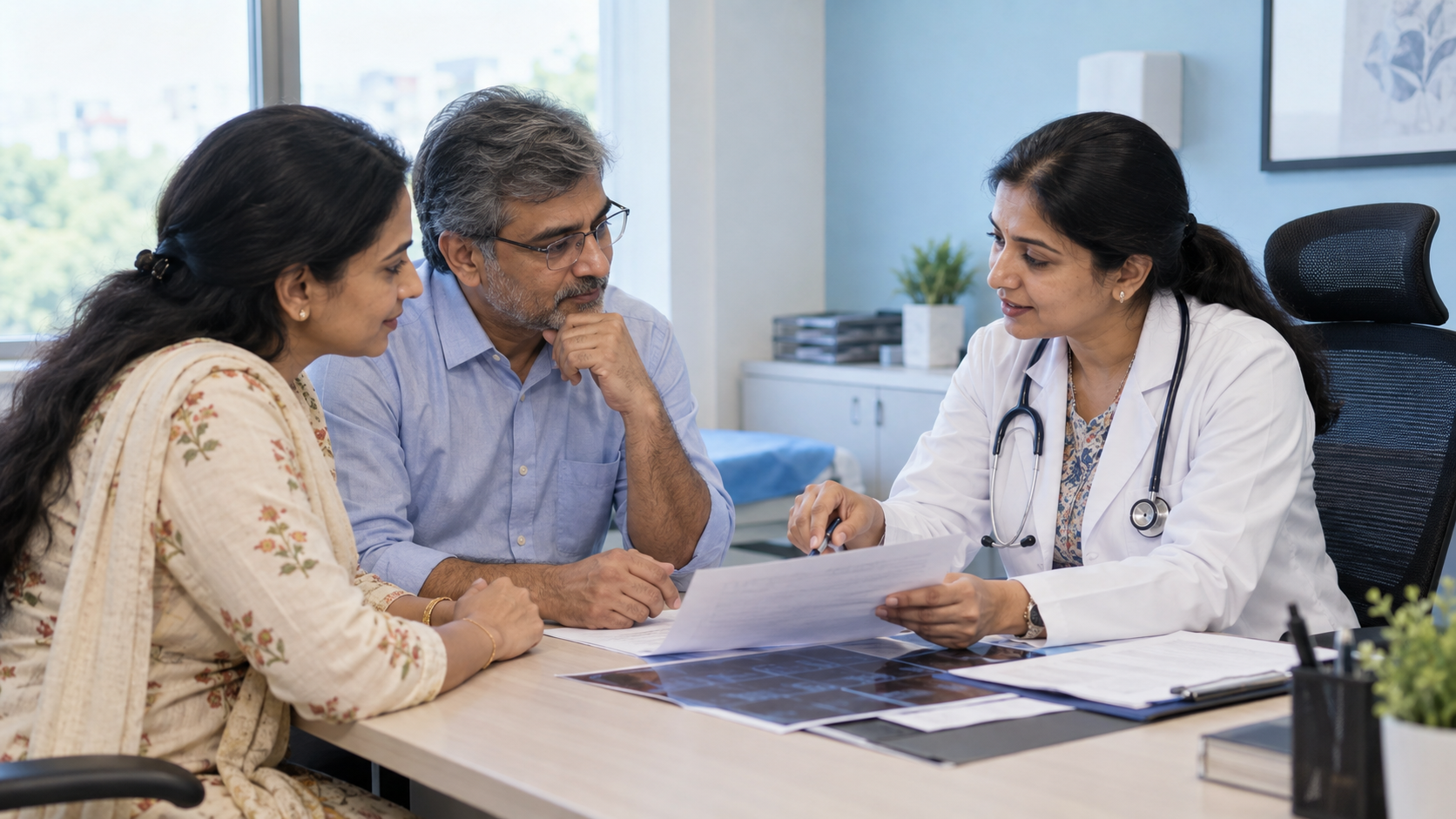 Patient and family member reviewing a one-page question list and medical reports with a doctor