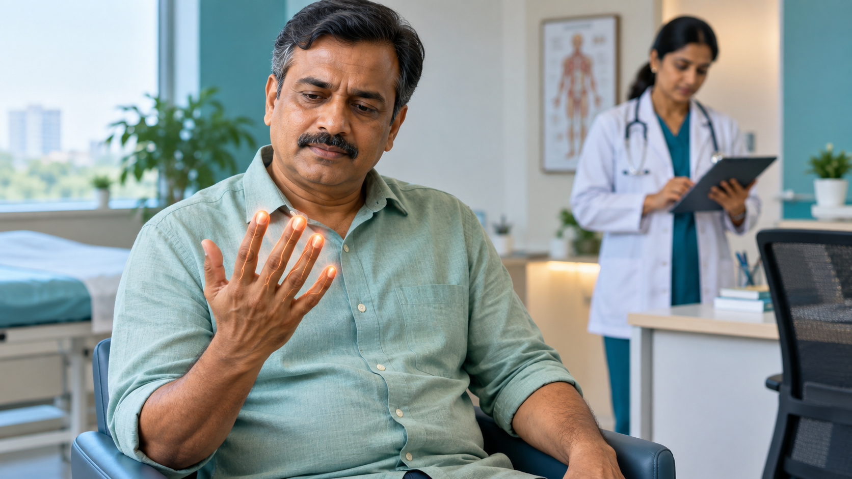 Indian adult noticing tingling at the fingertips during a calm hospital consultation