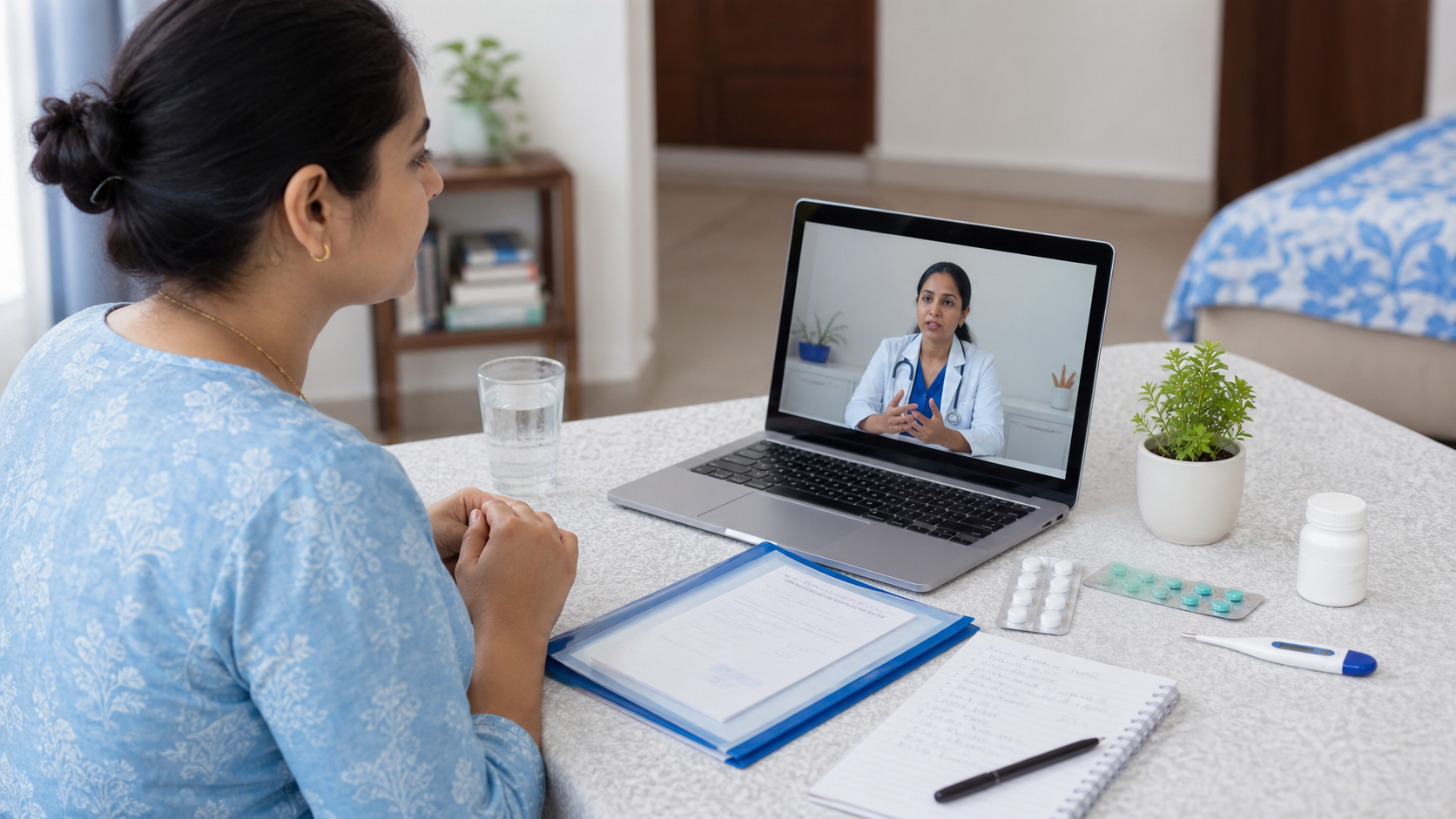 Patient preparing reports, medicines, and symptom notes beside a laptop for an online doctor consultation