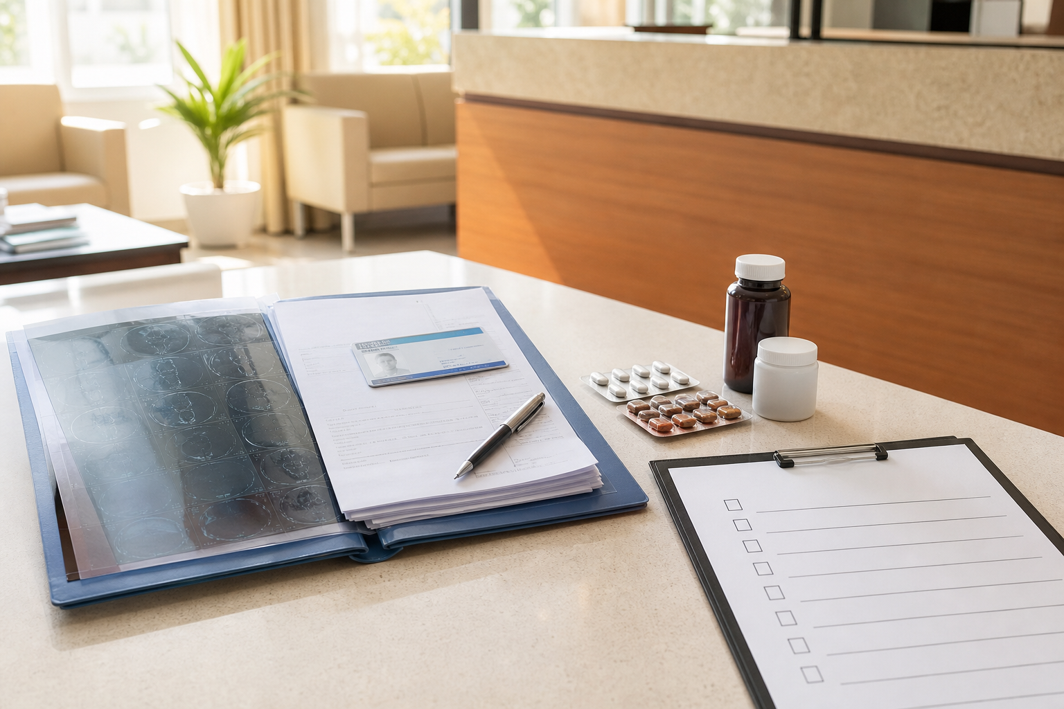 OPD visit checklist with medical reports, prescription papers, medicine strips, ID card, and pen on a clean hospital desk