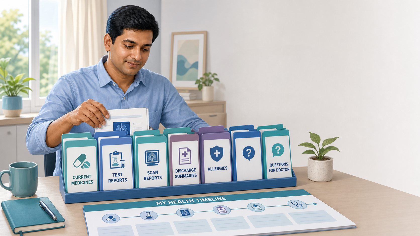 Patient organizing reports, medicine information, discharge papers, and questions before a doctor appointment
