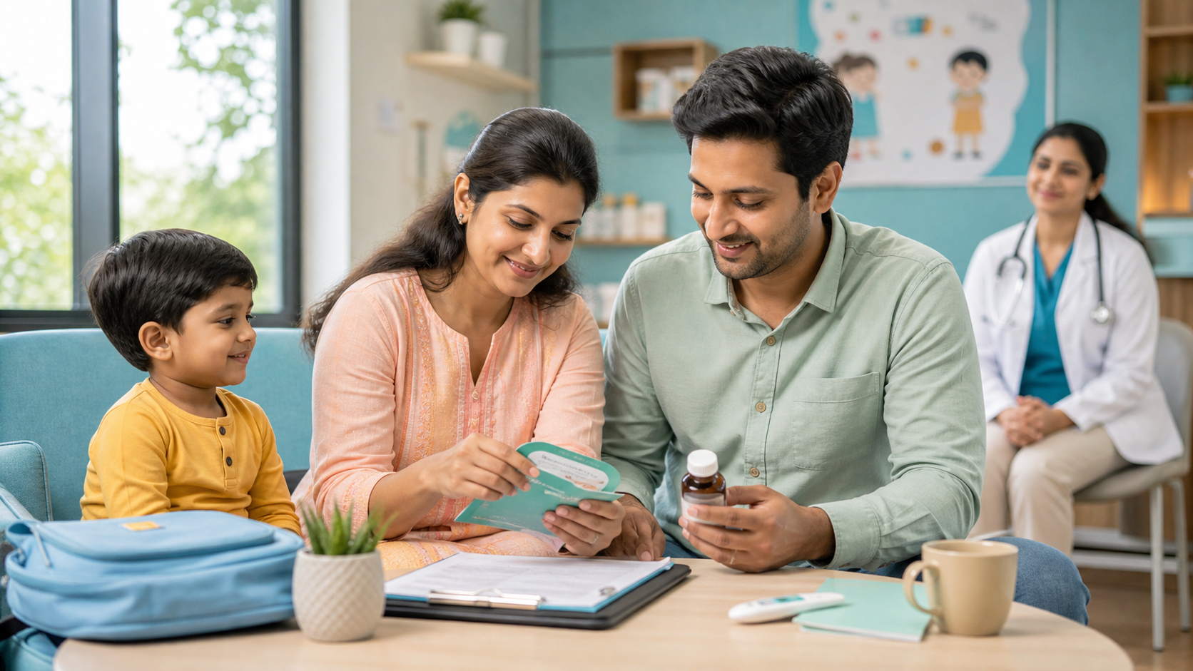 Parents organizing a vaccination card, medicine details, symptom notes, and questions before a child's pediatrician visit