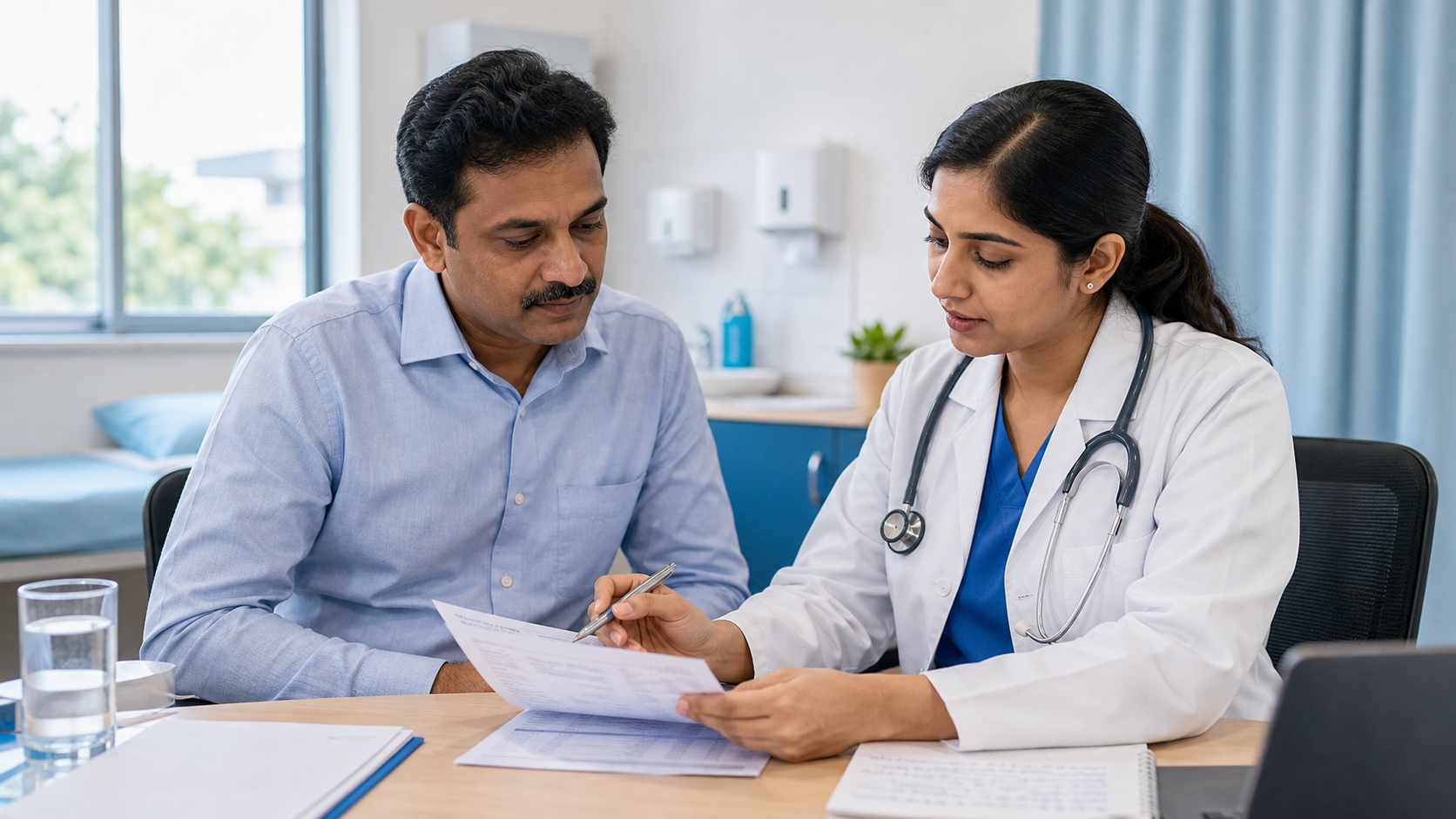 Doctor and patient calmly reviewing a complete blood test report with a written question list