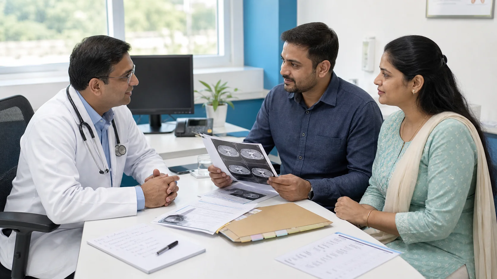 Patient and family member organising medical records while discussing a second opinion with a doctor