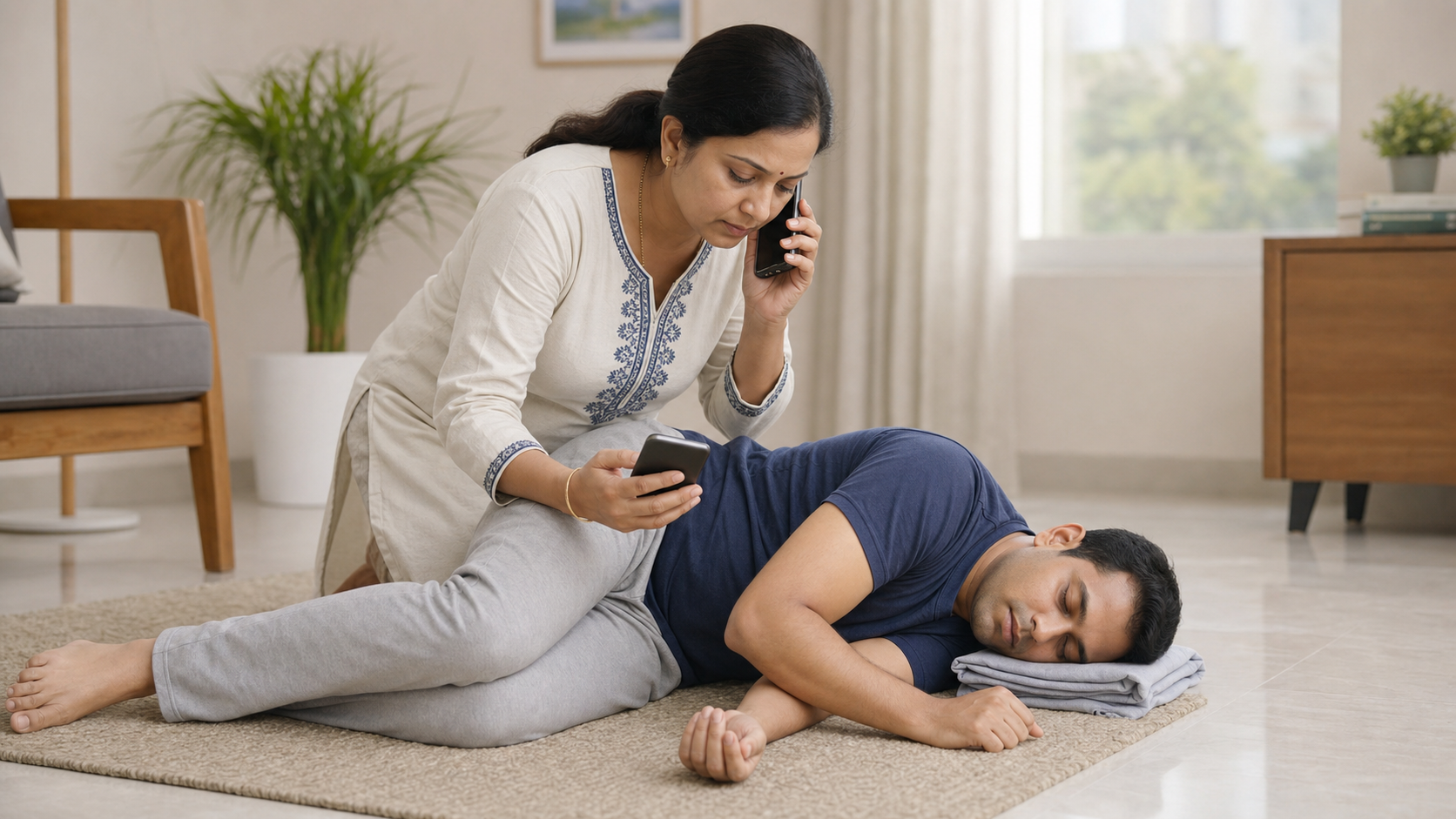 Family member giving safe seizure first aid by clearing space, cushioning the head, and timing the episode