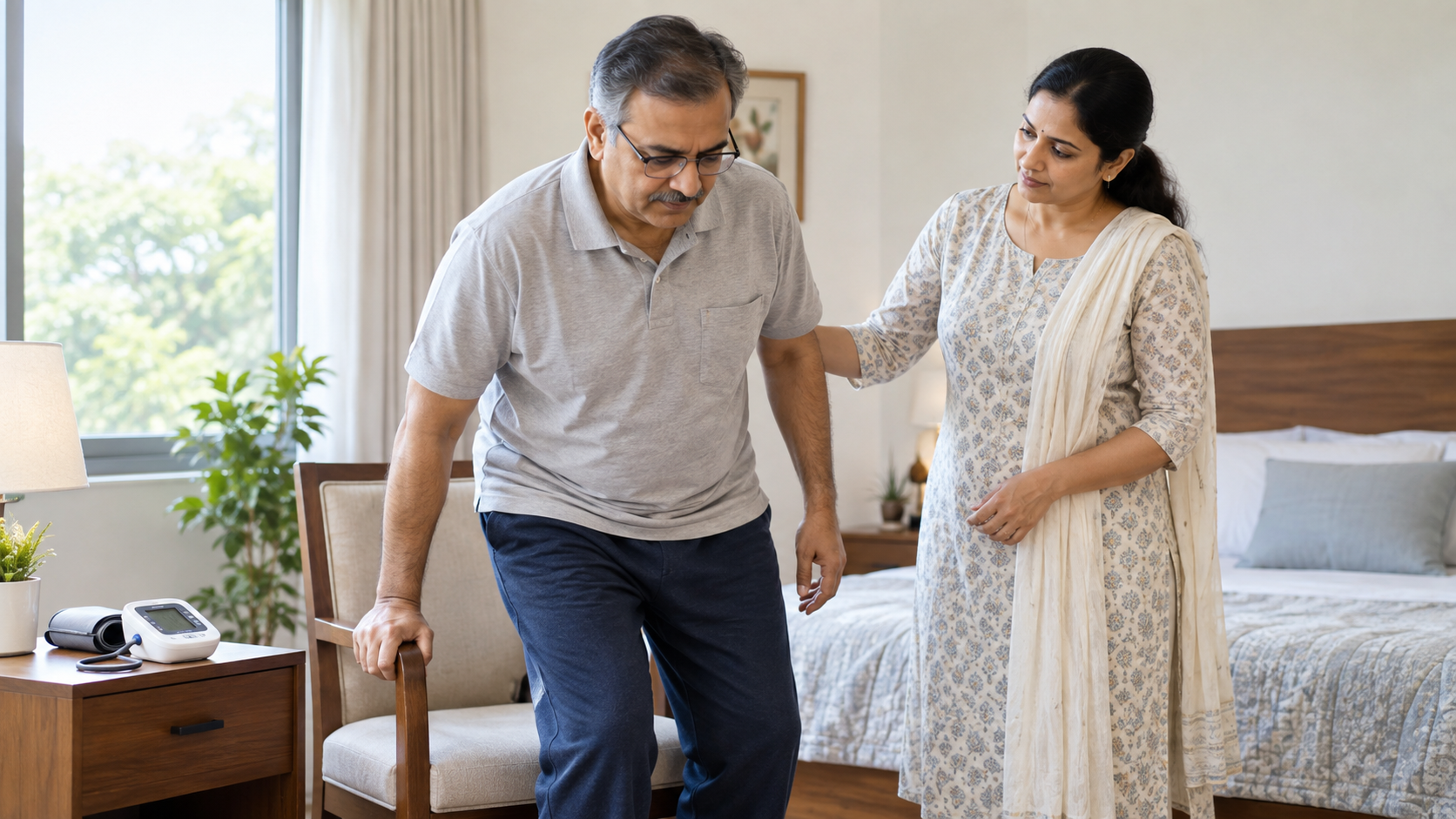 Indian adult standing slowly from a chair with support while a family member stays nearby and a blood pressure monitor rests on a table