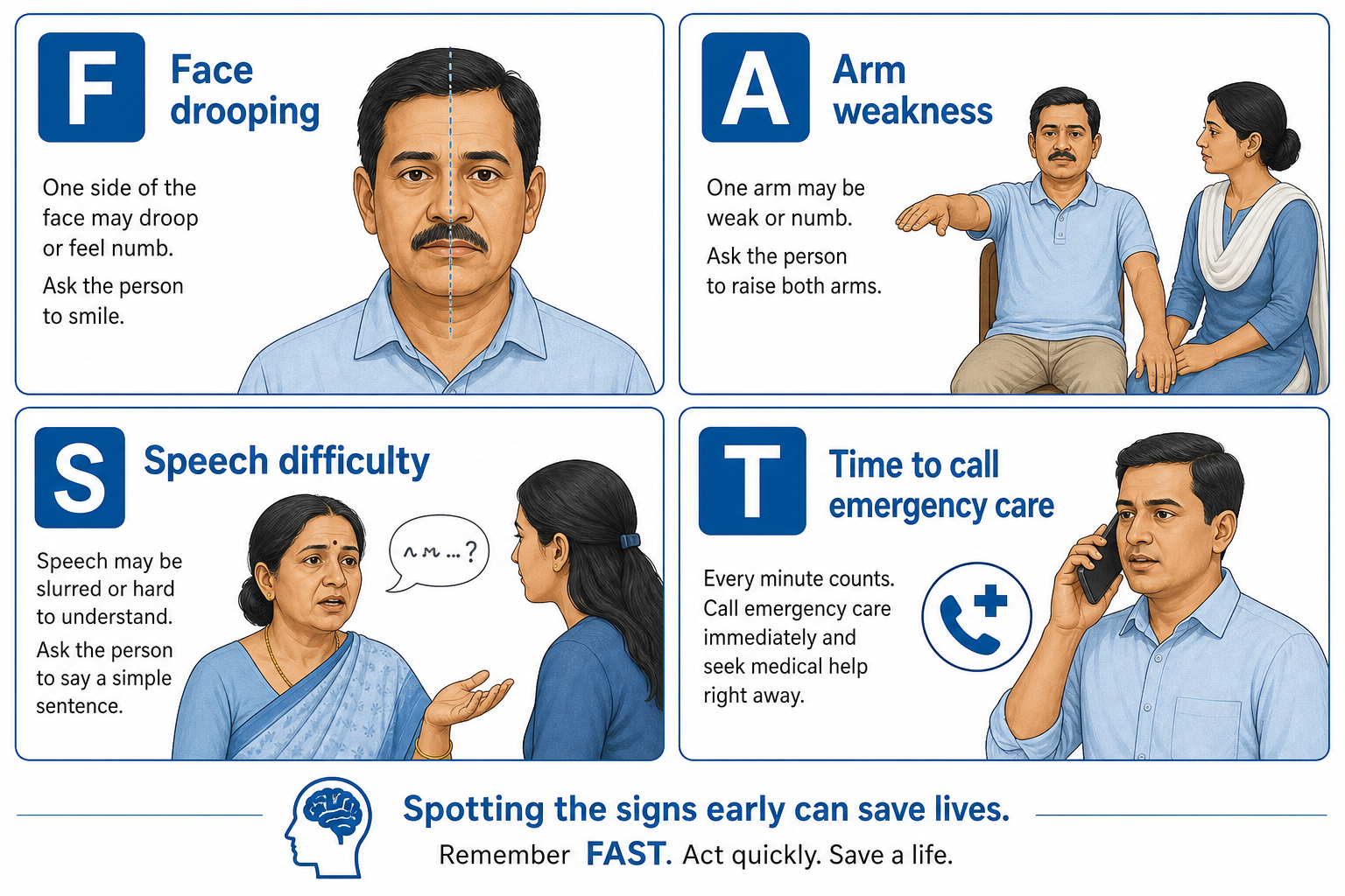 FAST stroke warning signs infographic showing face drooping, arm weakness, speech difficulty, and time to seek emergency care