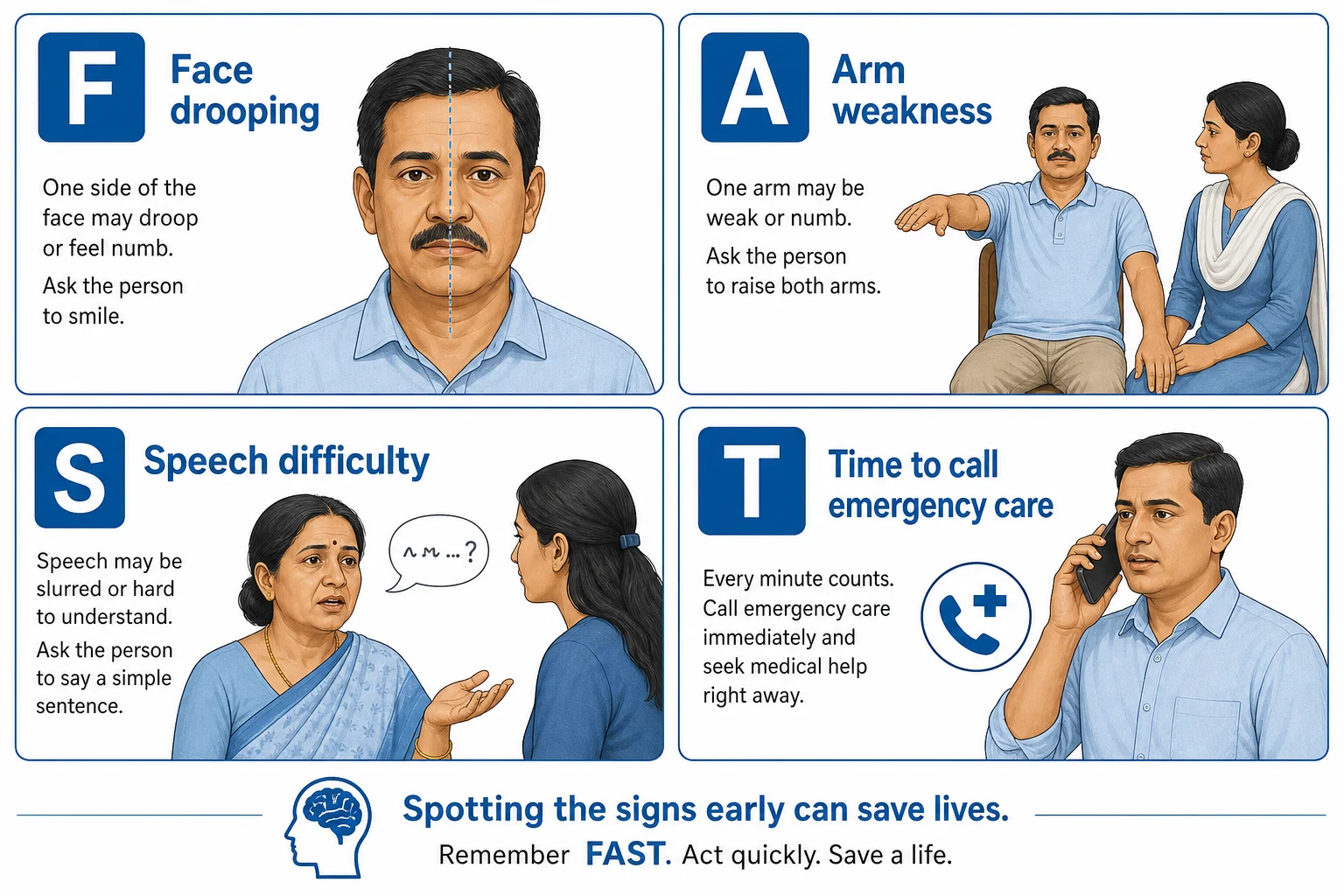 FAST stroke warning signs infographic showing face drooping, arm weakness, speech difficulty, and time to seek emergency care