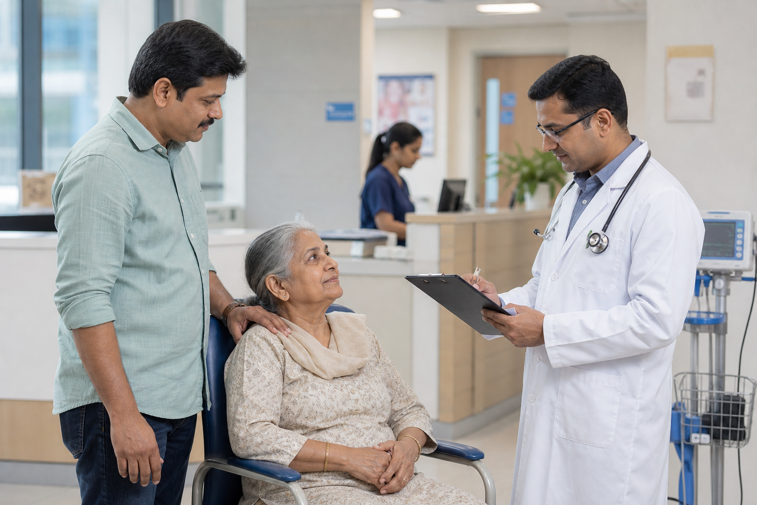 Doctor checking alertness and vital signs for an elderly patient with family support in a hospital triage area