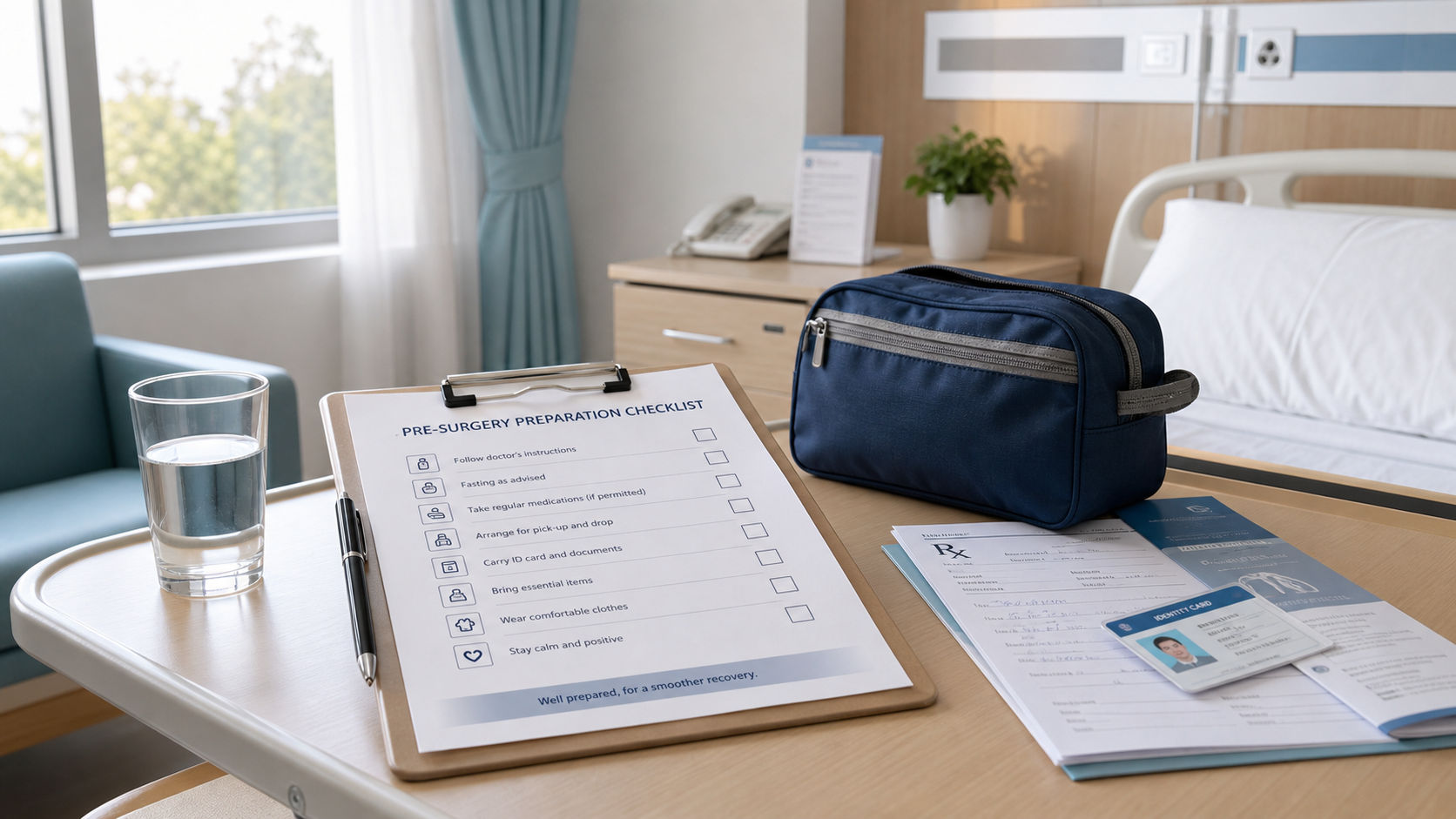 Pre surgery checklist, documents, medicines list, and hospital bag arranged on a clean bedside table