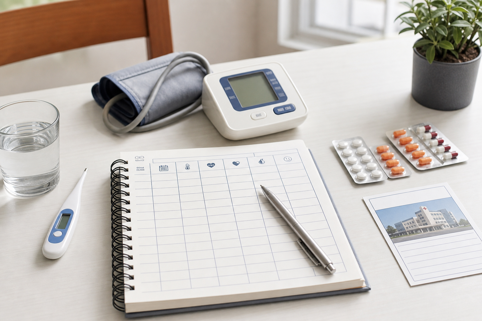 A symptom diary notebook, pen, thermometer, medicine strips, BP cuff, and appointment card arranged on a clean hospital desk