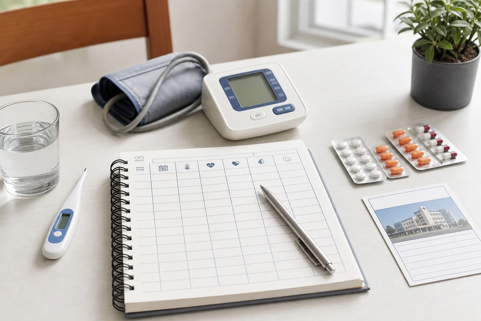 A symptom diary notebook, pen, thermometer, medicine strips, BP cuff, and appointment card arranged on a clean hospital desk