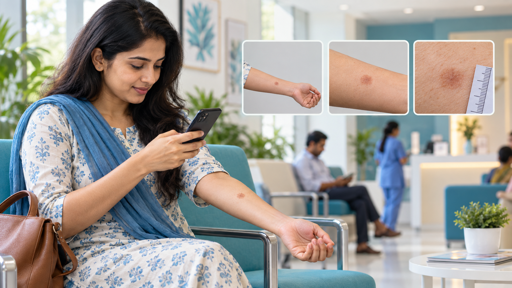 Patient taking clear wide, comparison, and close-up symptom photos before a doctor appointment
