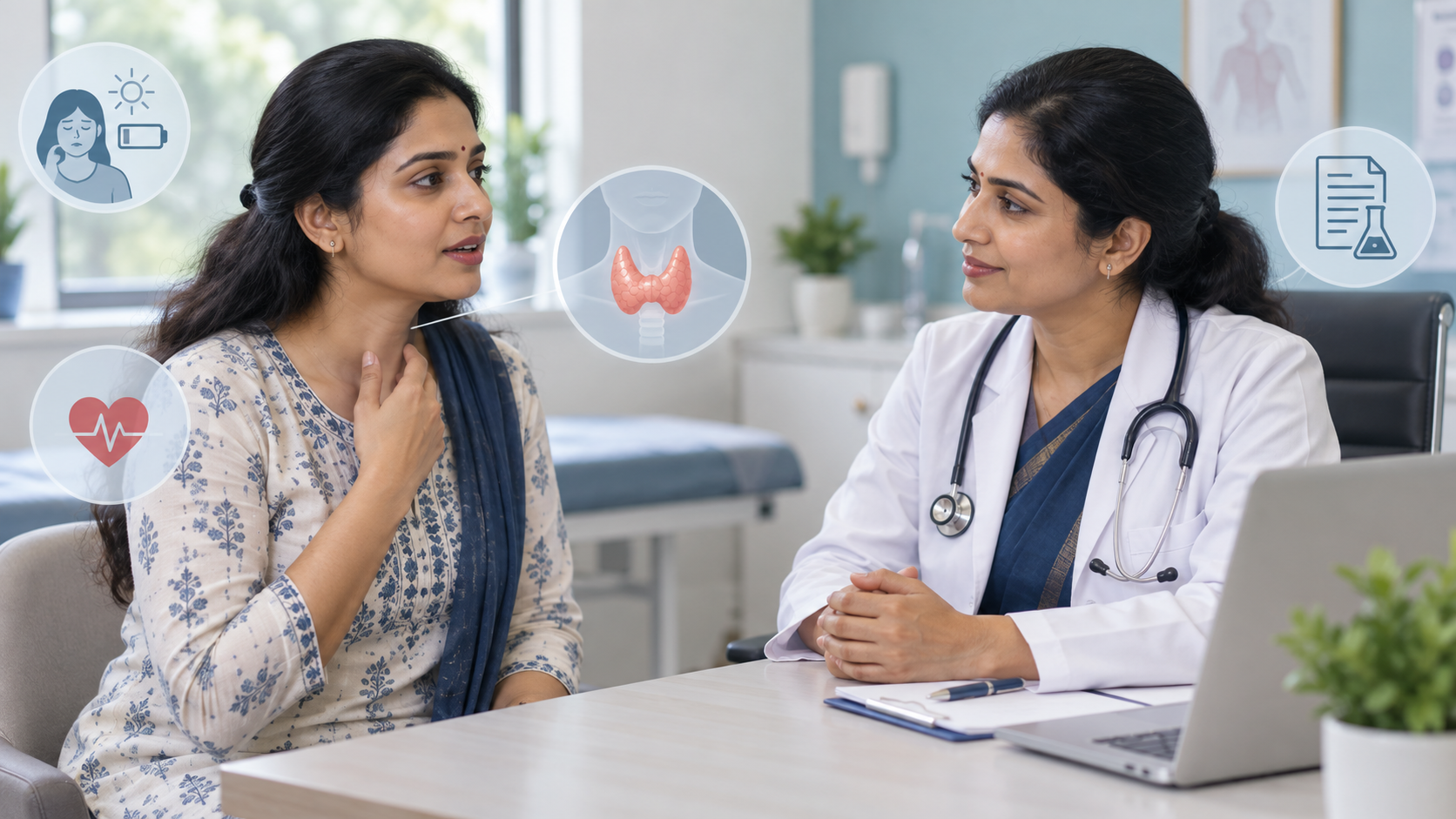 Indian woman discussing possible thyroid symptoms and a laboratory report with a doctor