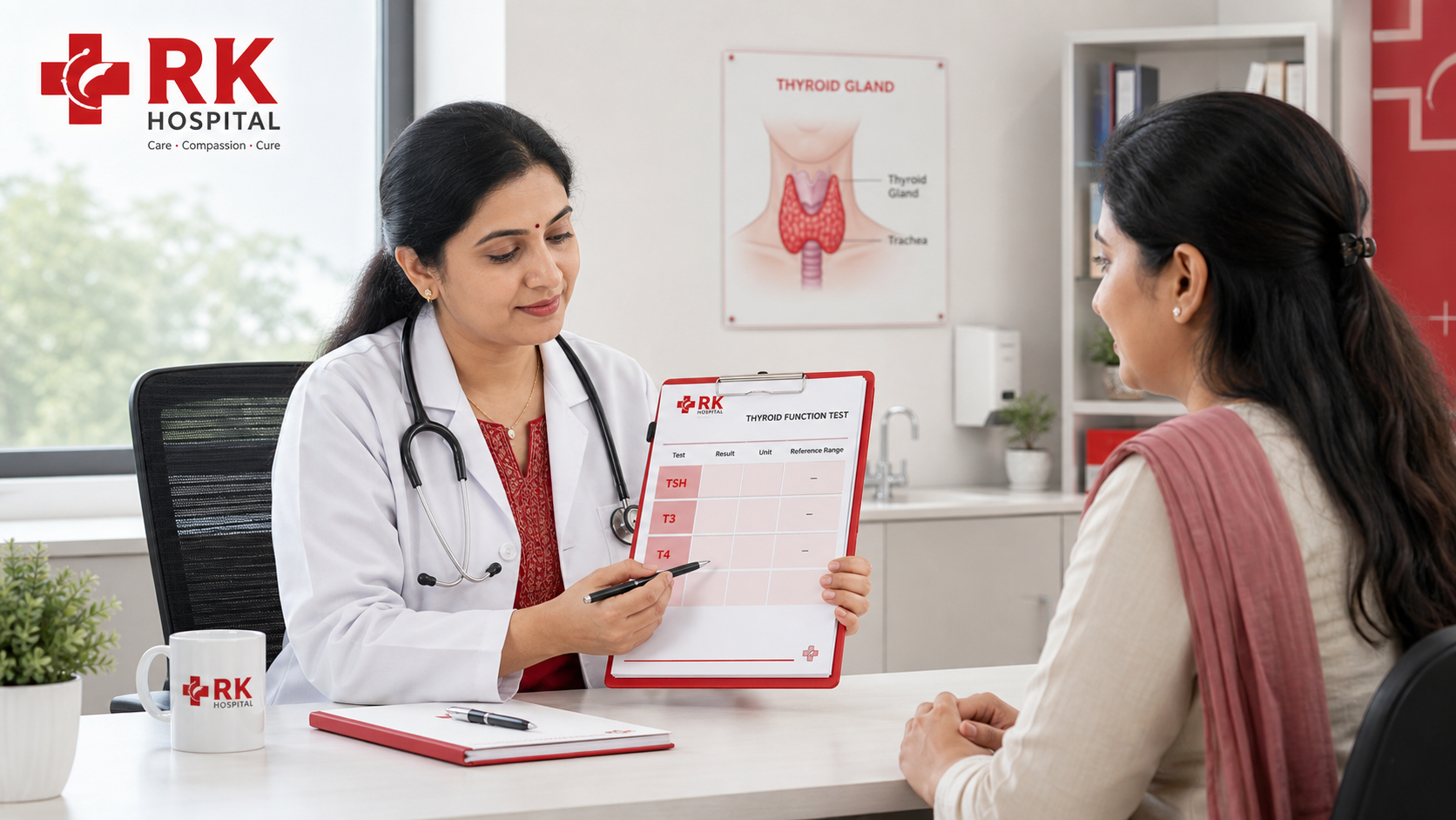 Doctor reviewing a thyroid function blood test report with TSH, T3, and T4 highlighted
