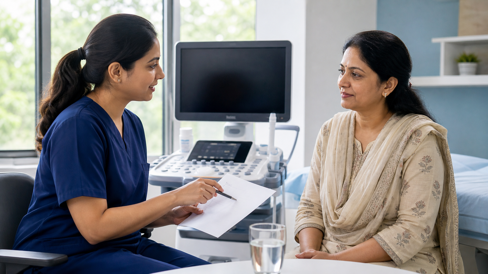 Patient reviewing ultrasound preparation instructions with a sonographer in a calm radiology room