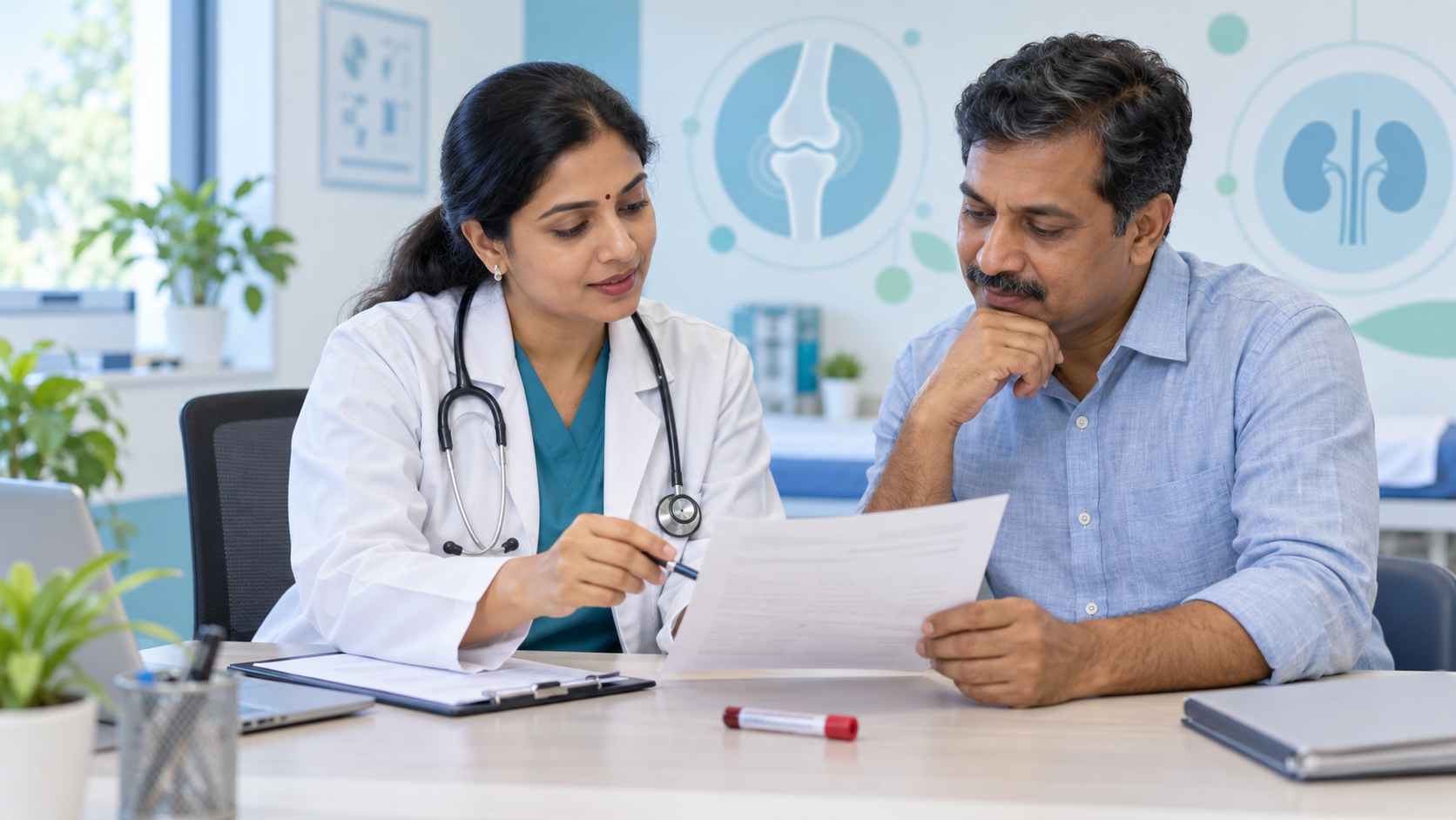 Clinician explaining a uric acid blood-test report to a patient with subtle joint and kidney visuals