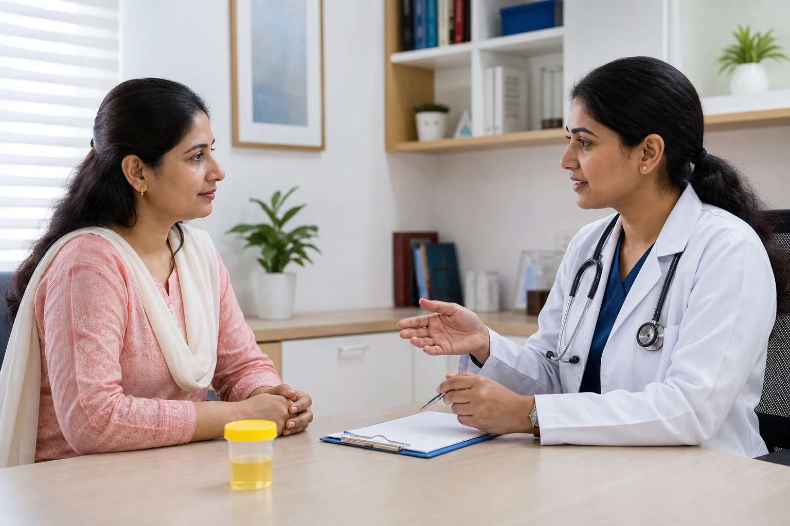 Doctor discussing urinary infection warning signs with a woman patient in a clean consultation room