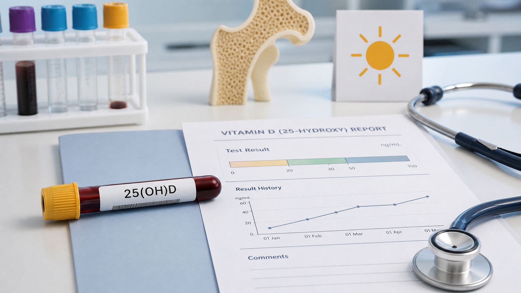 Vitamin D 25(OH)D blood test report with sample tube and bone health visual cue in a clean hospital lab setting