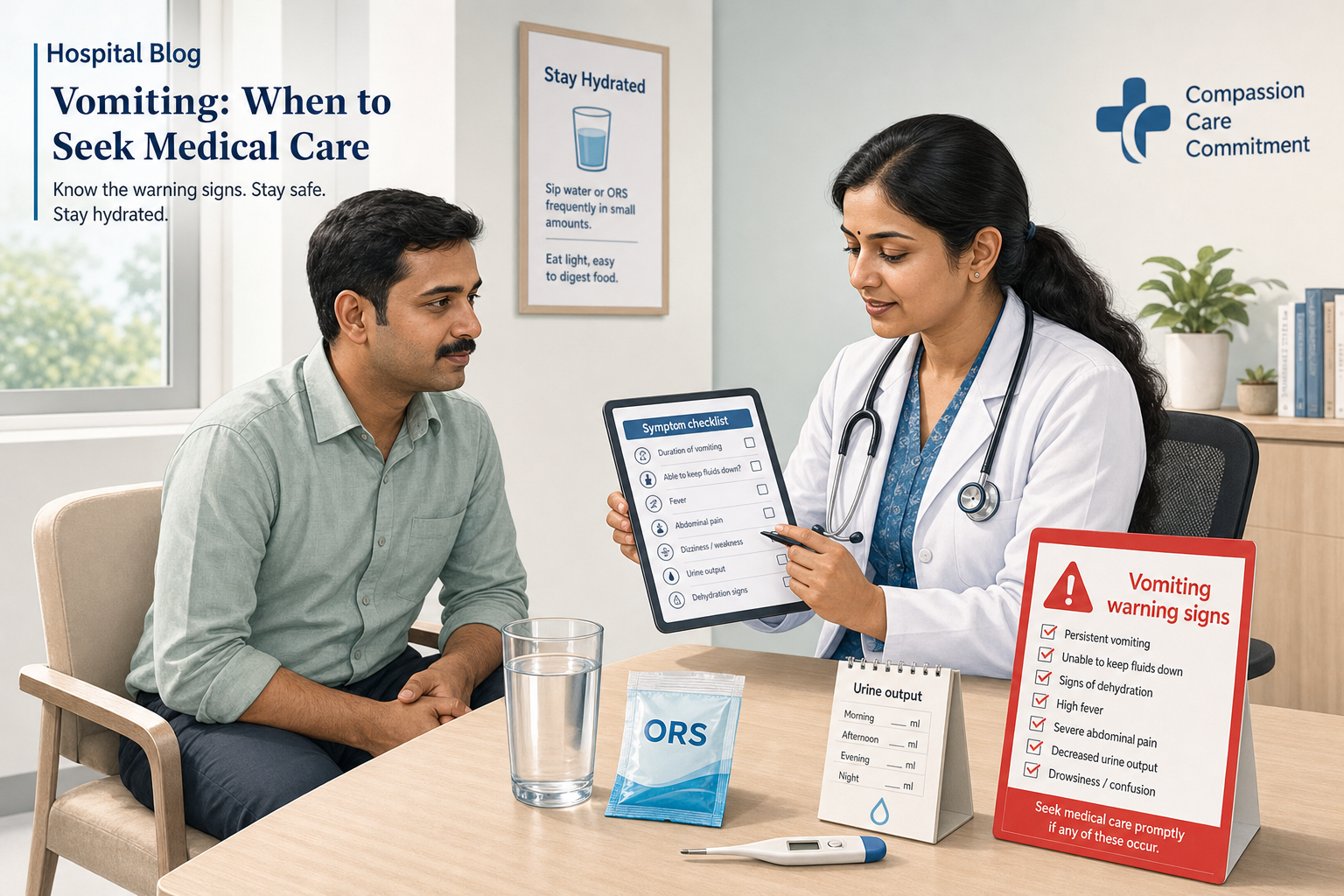 Adult patient and doctor reviewing a vomiting warning-sign checklist on a clean hospital consultation desk