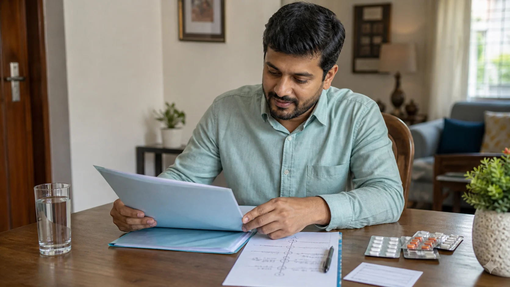 Patient organising reports, medicines, a symptom timeline, and an appointment card before a routine doctor visit