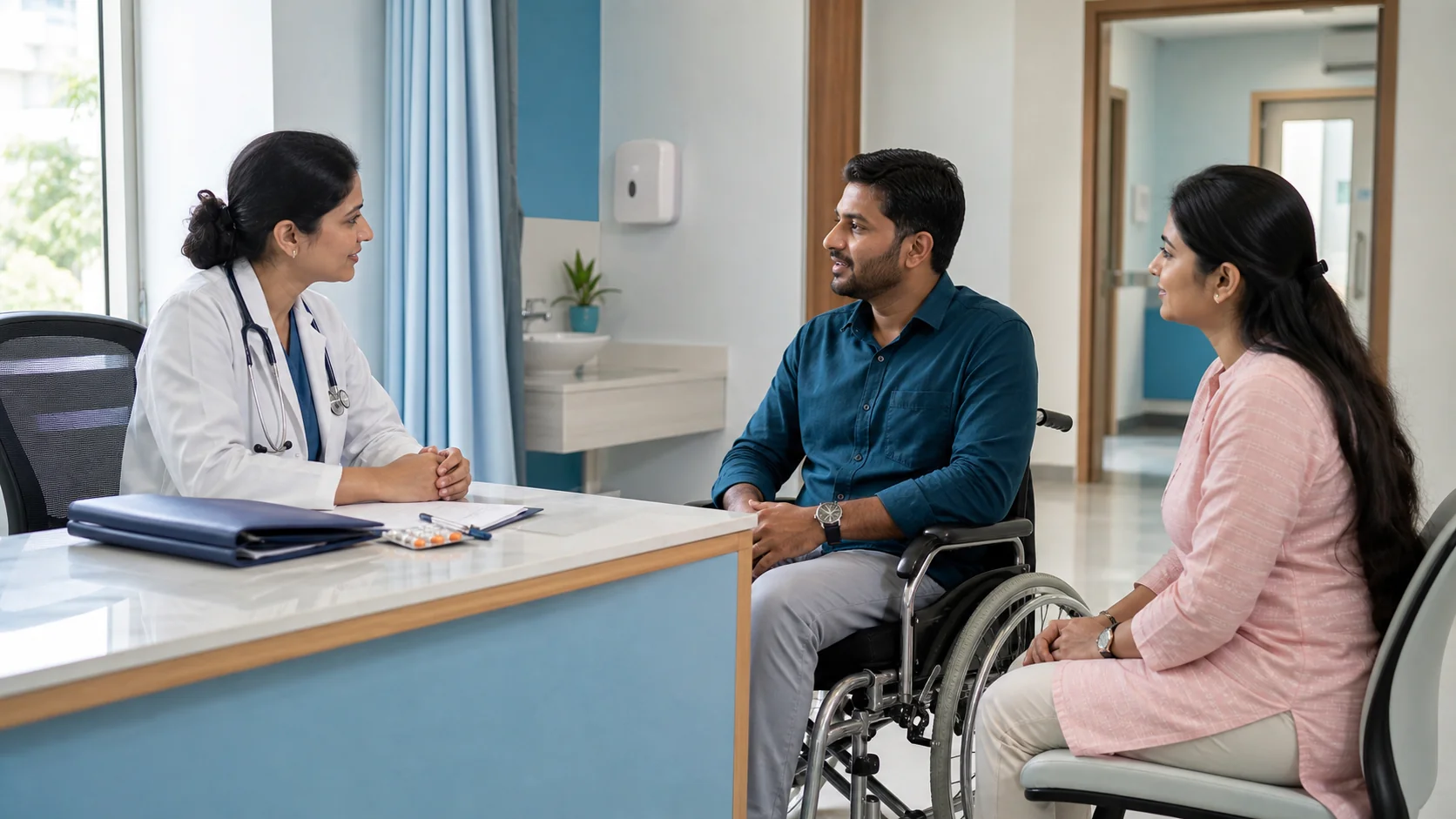 Wheelchair user speaking directly with a doctor while a caregiver supports the appointment in an accessible hospital consultation room